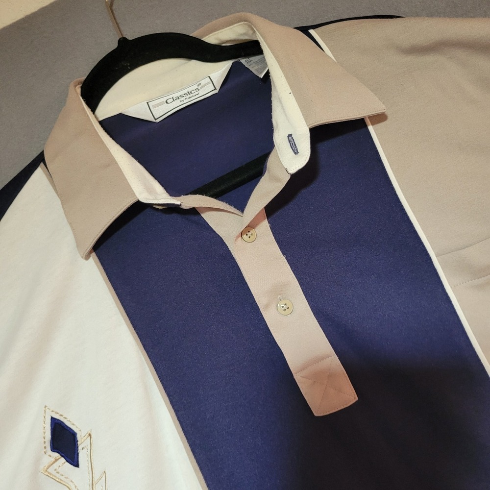 Vtg Classics by Palmland Mens XLT Banded Polo Shirt Navy‎ Tan Colorblock Retro
